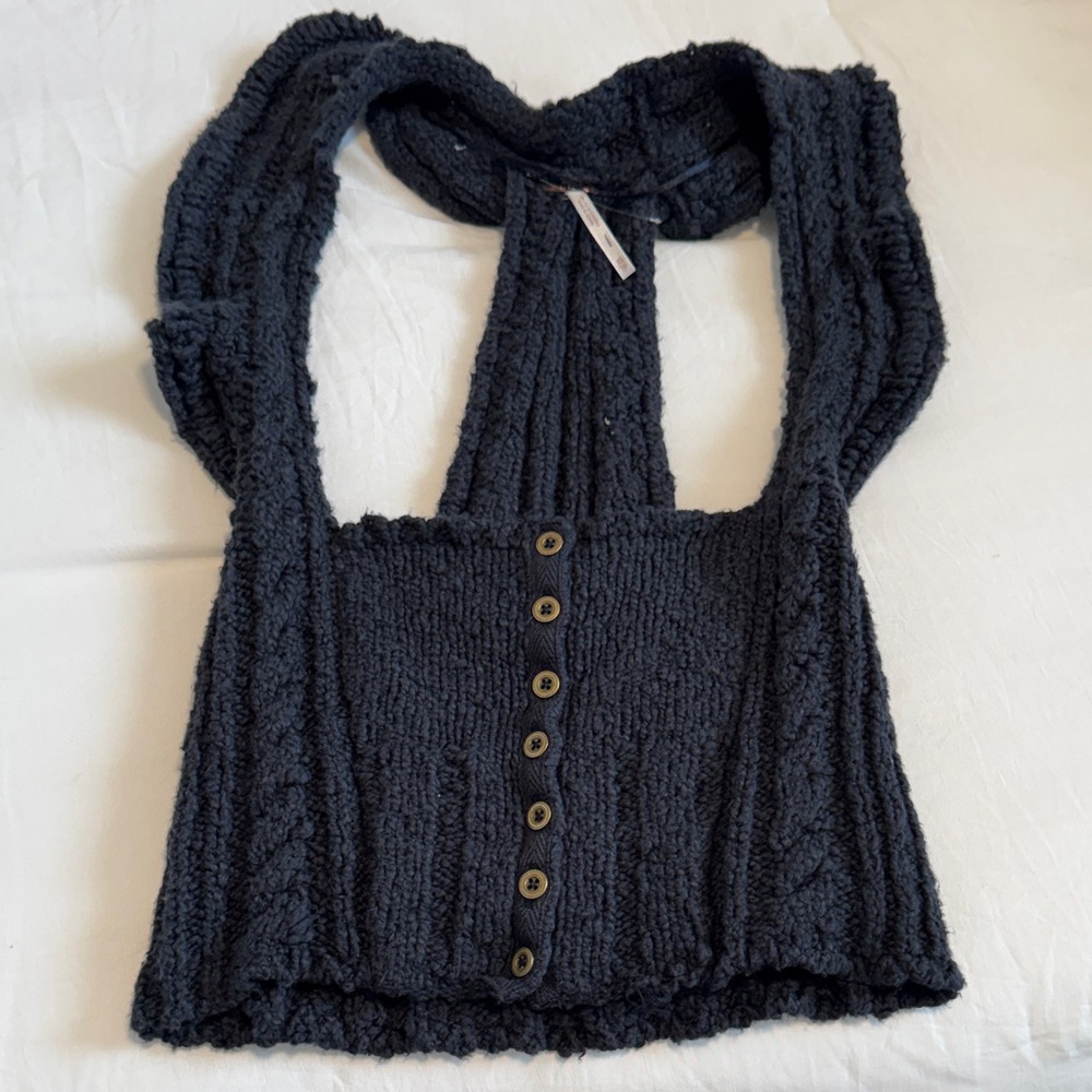 Navy Free People Button-Front Knit Halter Top